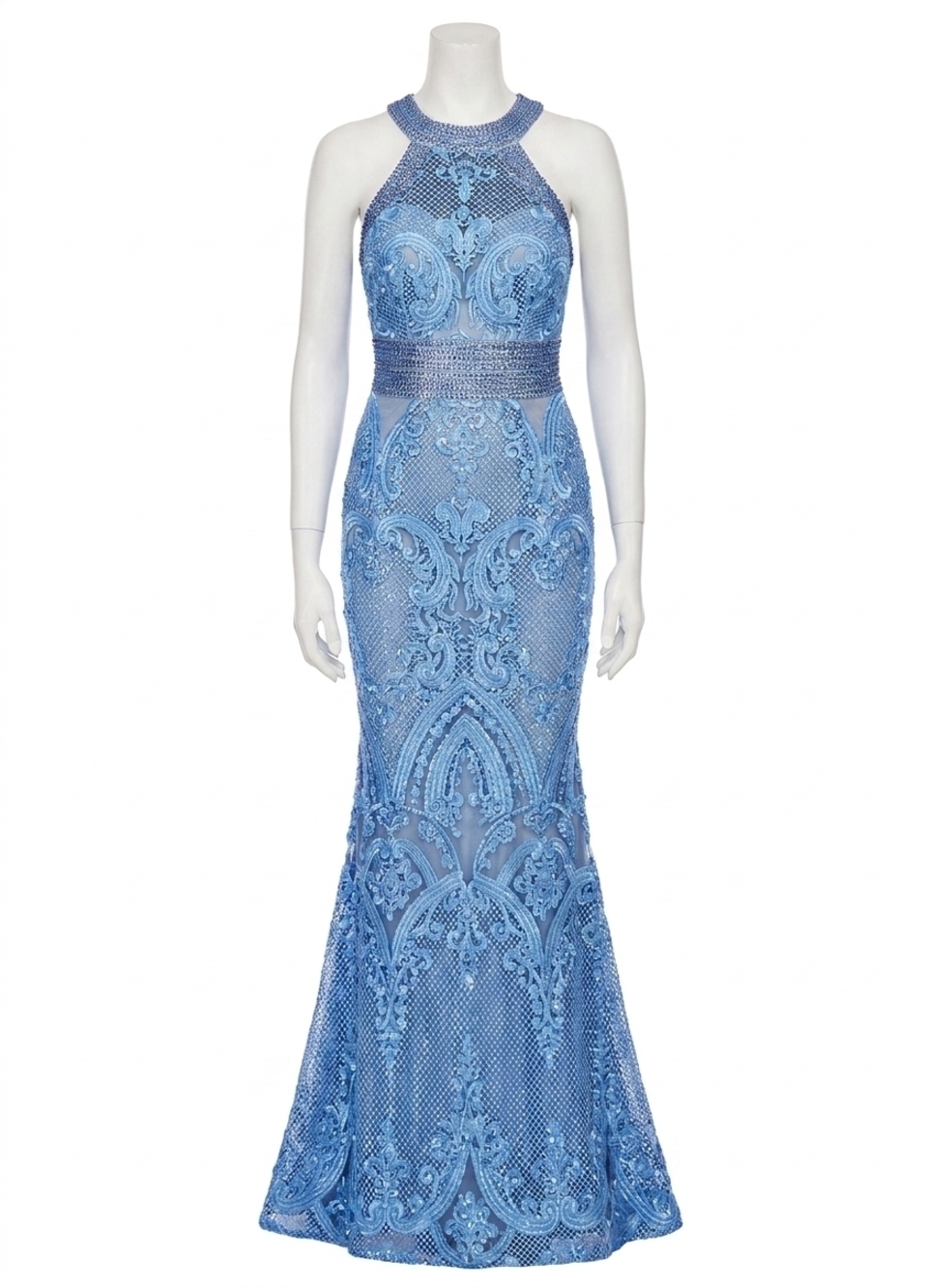 NEW RACHEL ALLAN lace halter neck prom dress in deep periwinkle